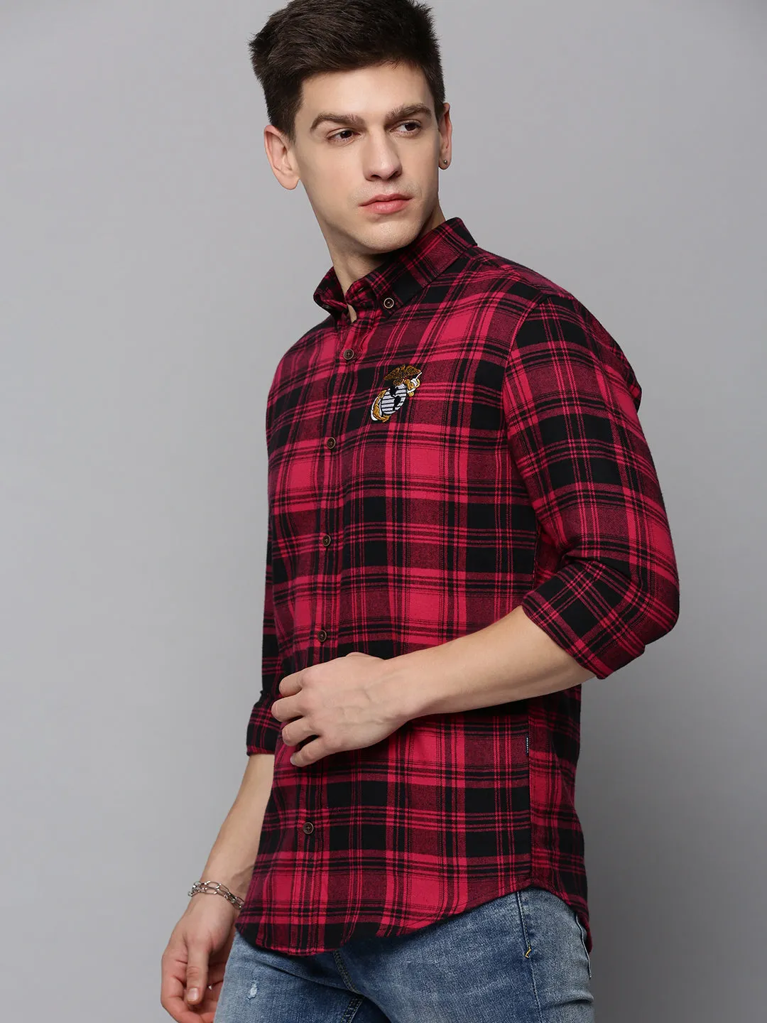 Men Magenta Classic Tartan Checked Casual Cotton Shirt