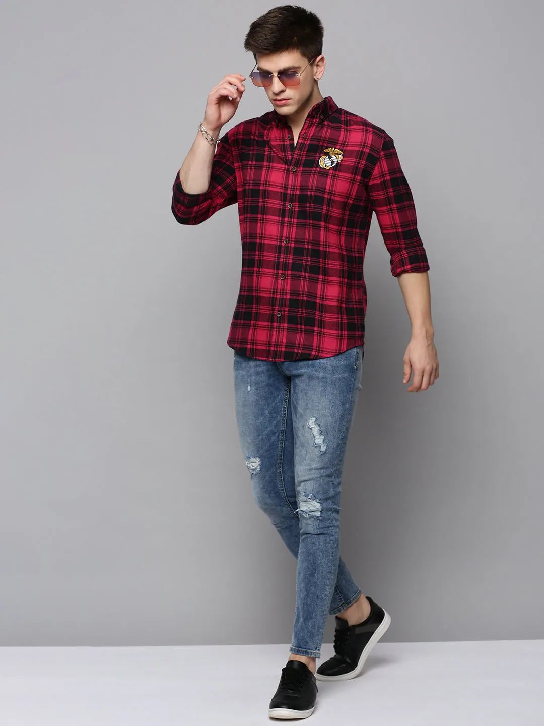 Men Magenta Classic Tartan Checked Casual Cotton Shirt