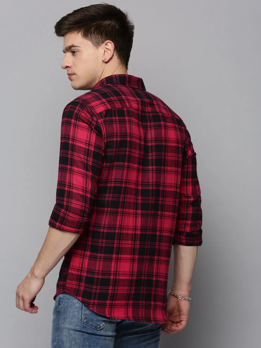 Men Magenta Classic Tartan Checked Casual Cotton Shirt