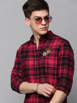 Men Magenta Classic Tartan Checked Casual Cotton Shirt