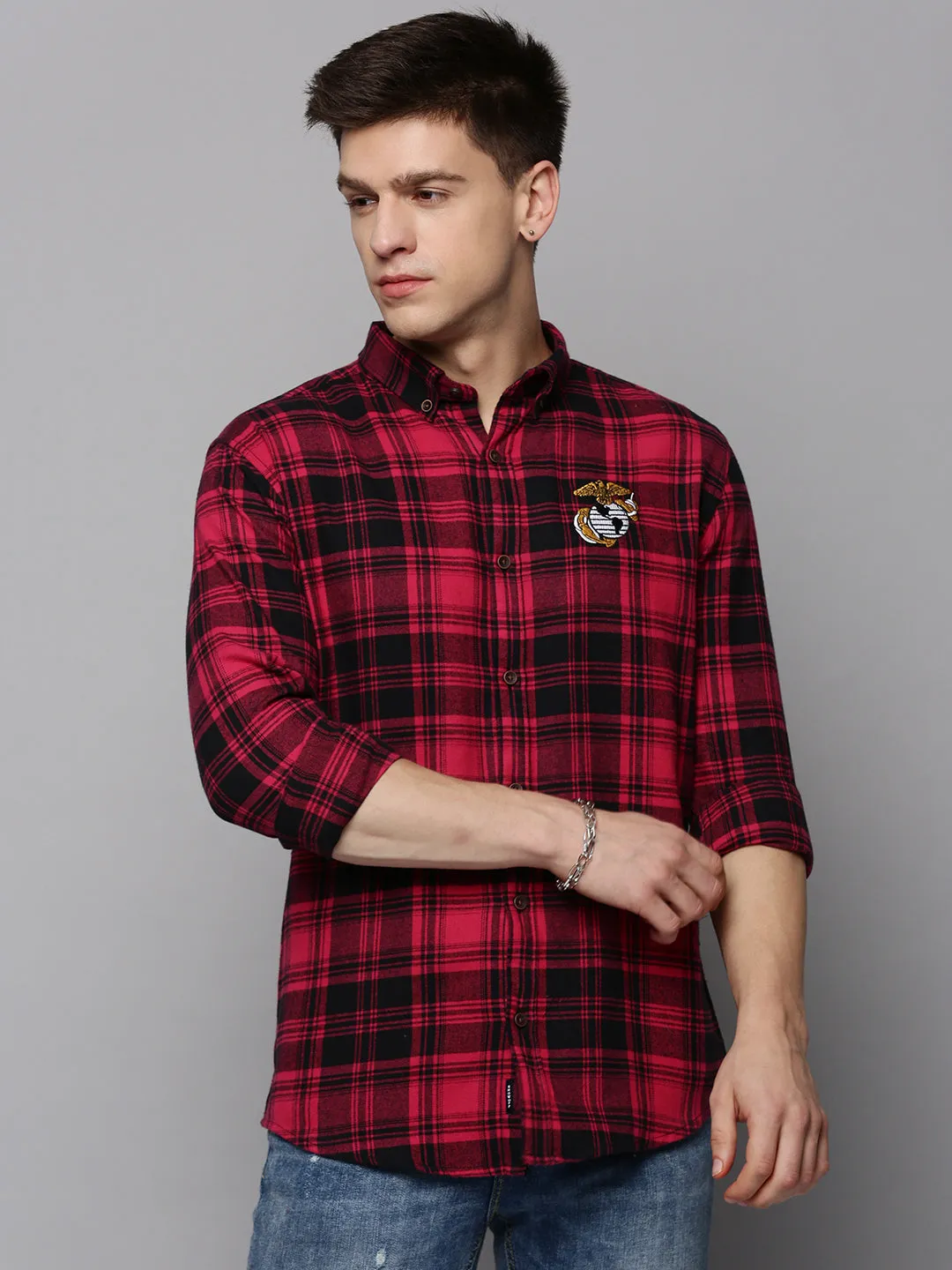 Men Magenta Classic Tartan Checked Casual Cotton Shirt