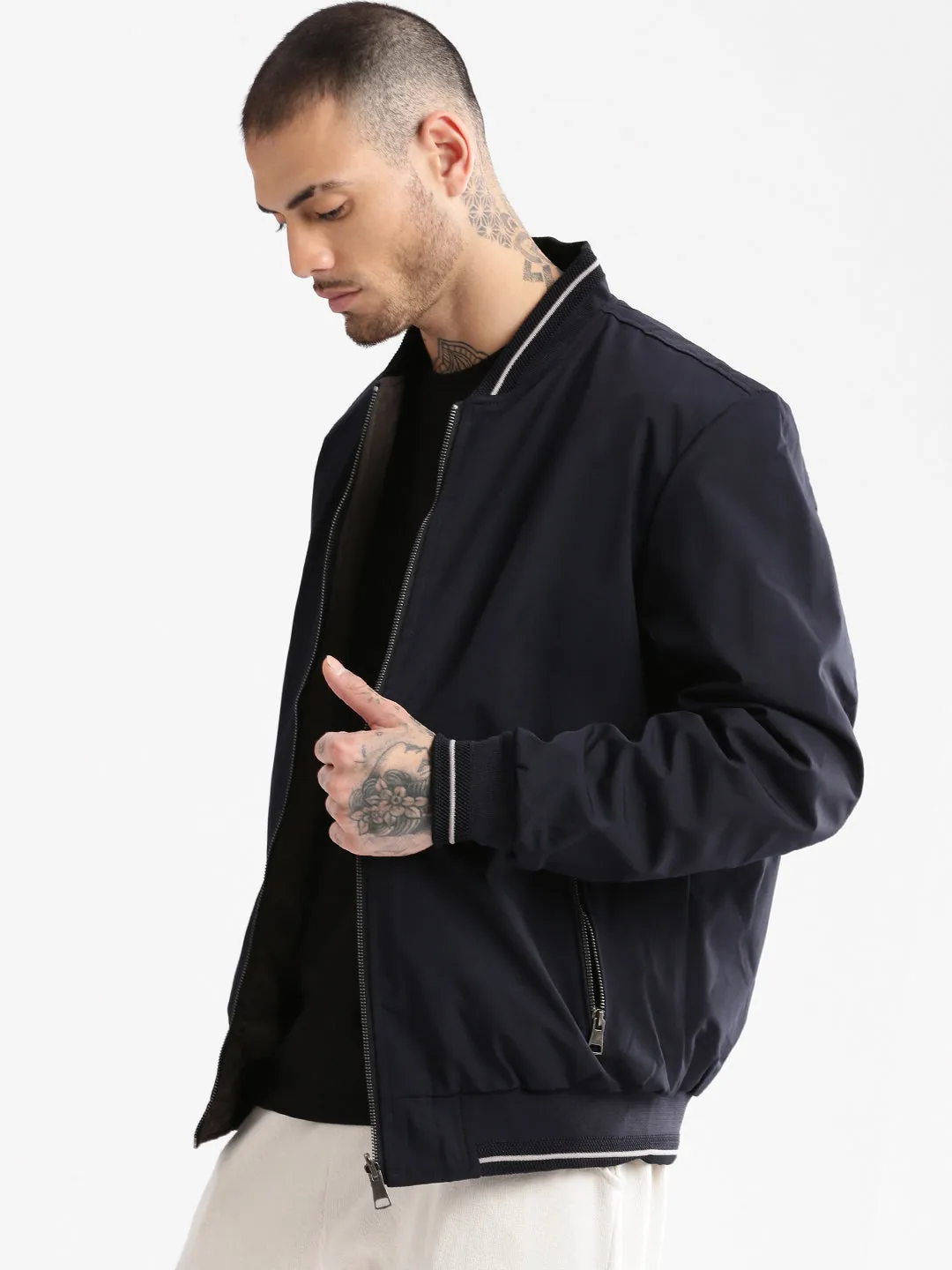 Men Mandarin Collar Navy Blue Solid Bomber Over sized Reversible Jacket