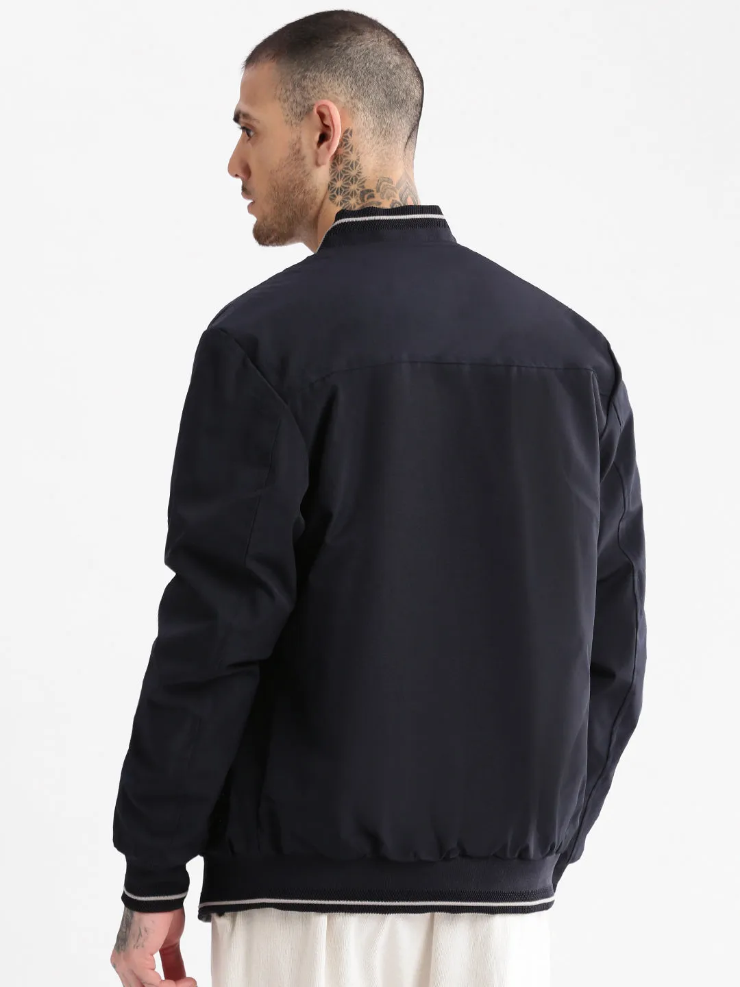 Men Mandarin Collar Navy Blue Solid Bomber Over sized Reversible Jacket