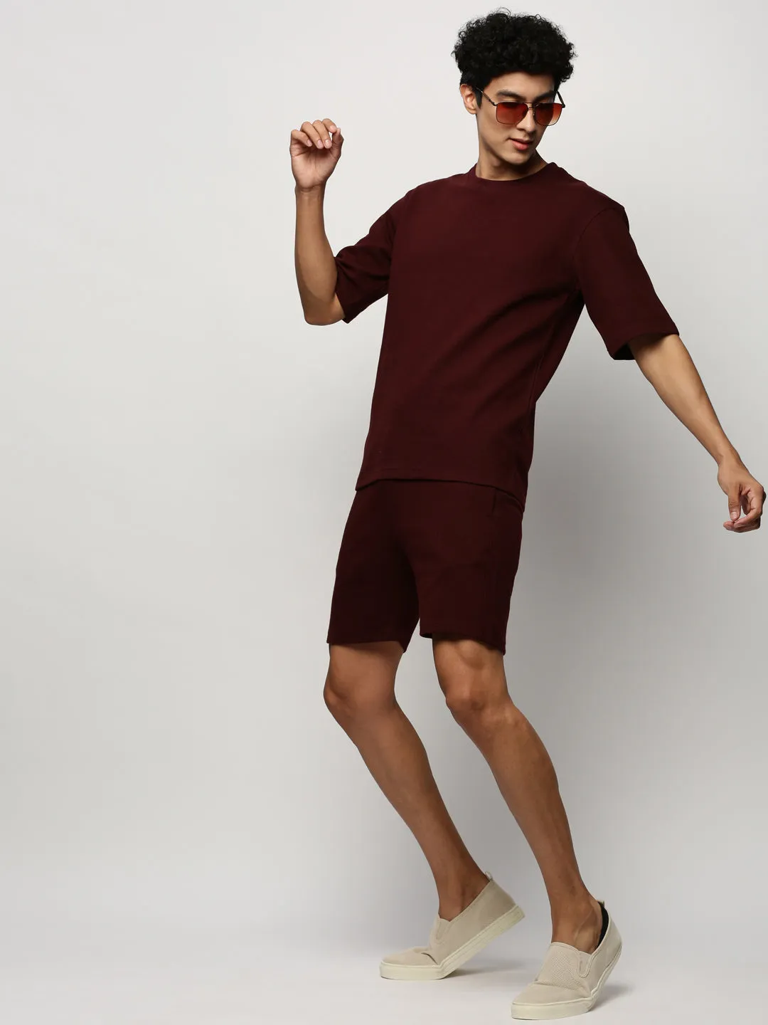Men Maroon Ribbed Co-Ords Set