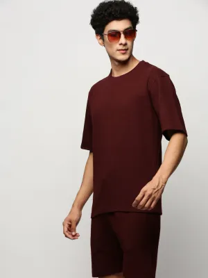 Men Maroon Ribbed Co-Ords Set