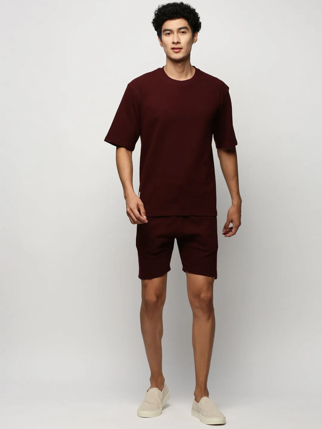 Men Maroon Ribbed Co-Ords Set