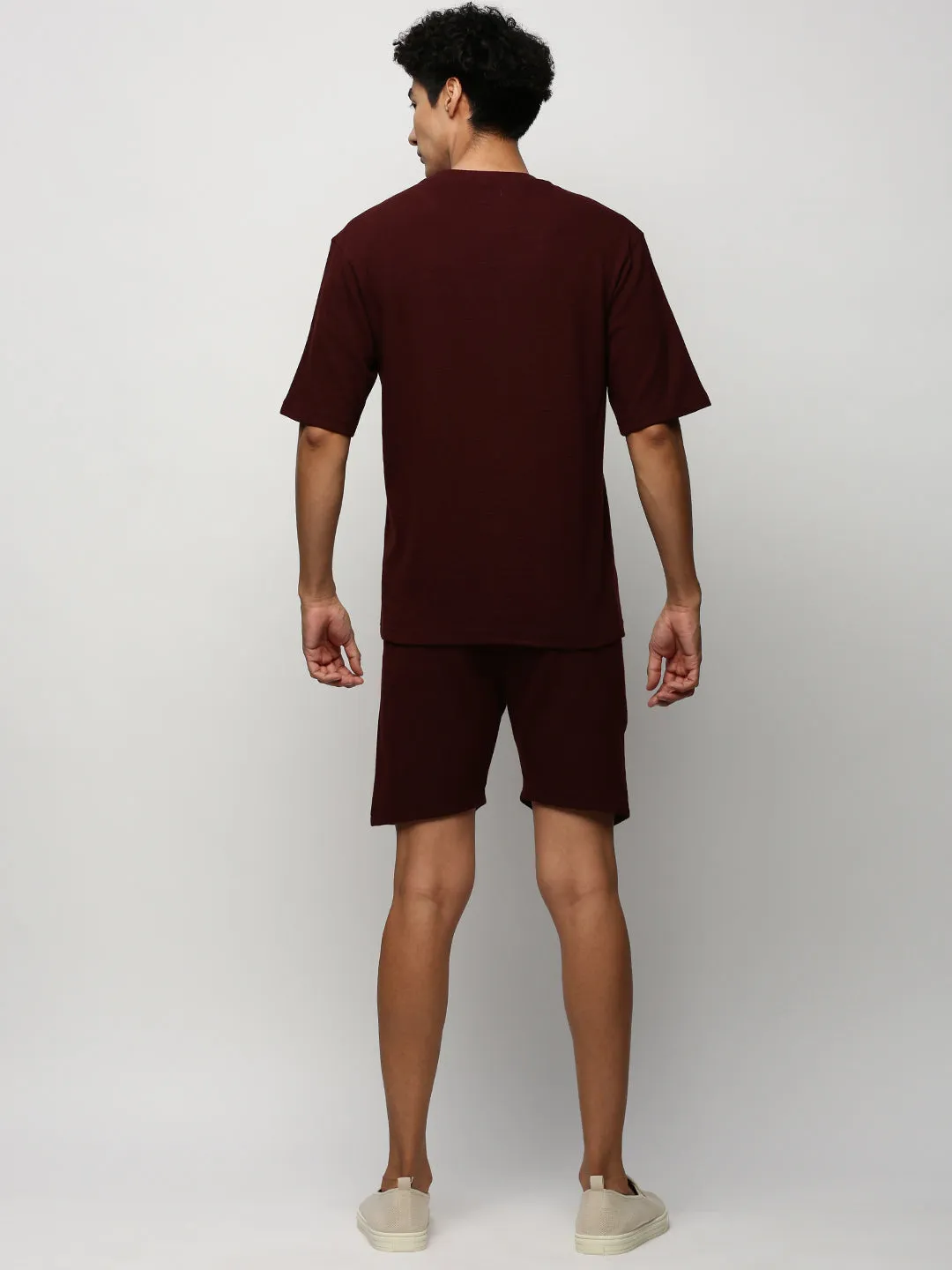 Men Maroon Ribbed Co-Ords Set