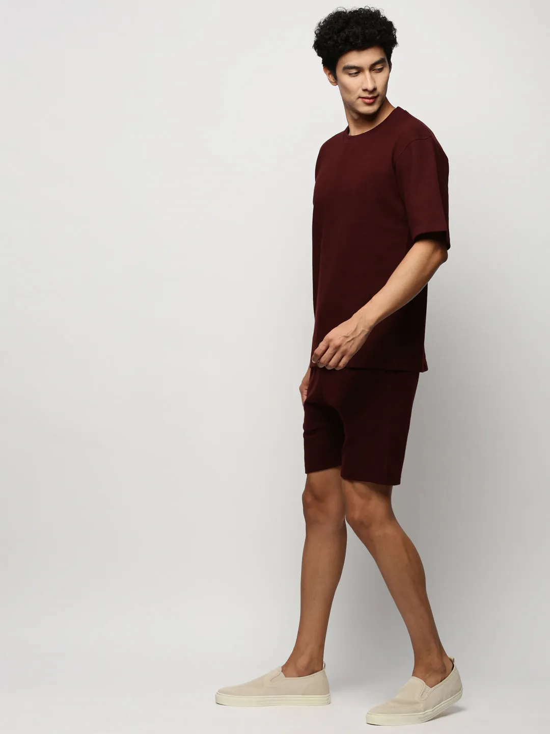 Men Maroon Ribbed Co-Ords Set