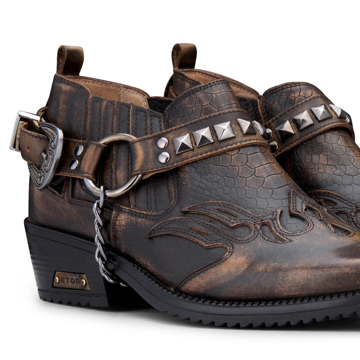 Men's Brown Croc Leather Winklepicker Studded Western Biker Shoes