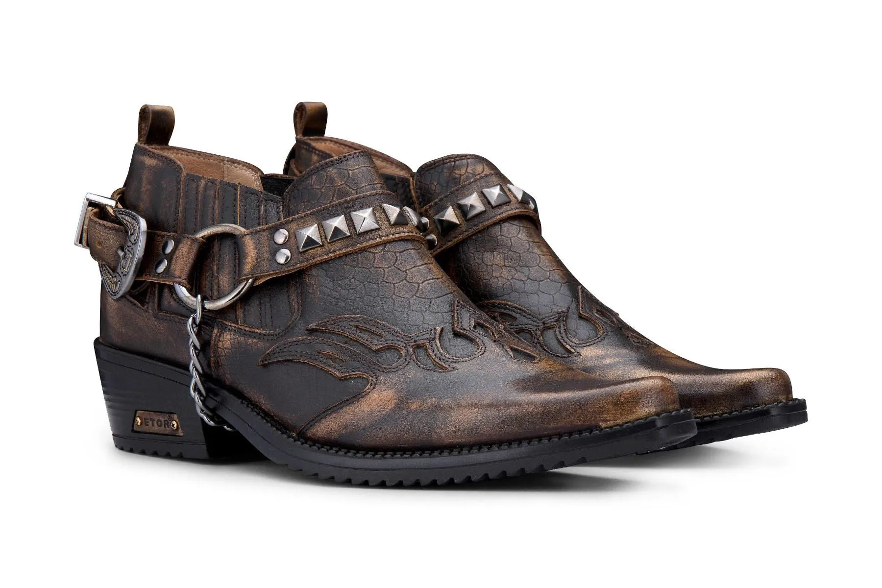 Men's Brown Croc Leather Winklepicker Studded Western Biker Shoes