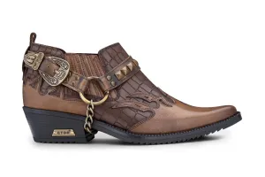 Men's Tan Croc Leather Winklepicker Studded Western Biker Shoes