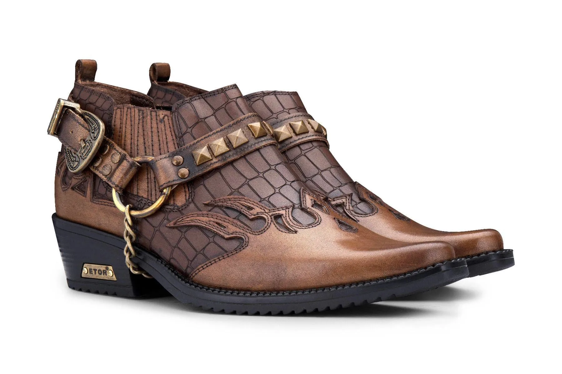 Men's Tan Croc Leather Winklepicker Studded Western Biker Shoes