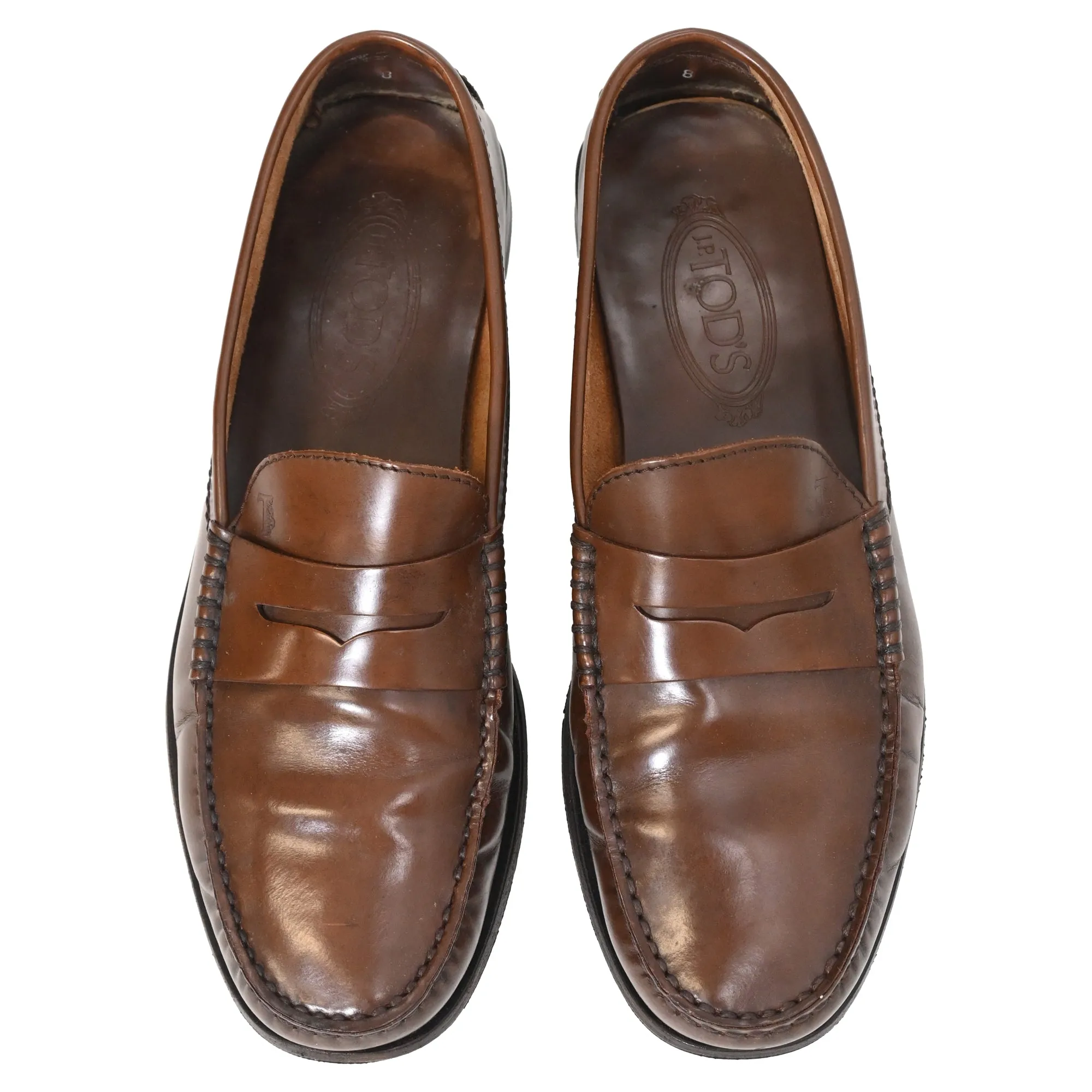 Tod's Logo-Embossed Polished Loafers in Brown Calfskin Leather