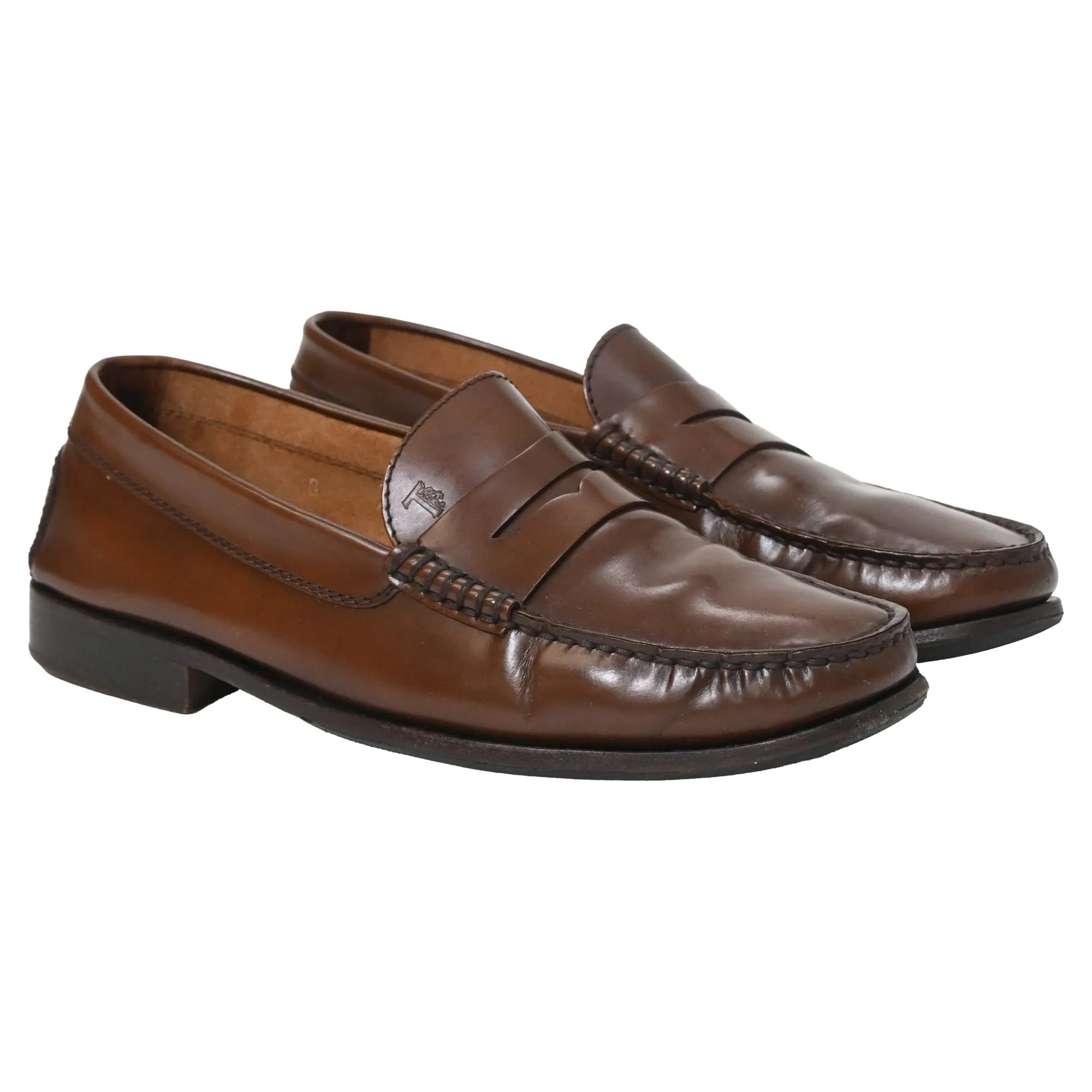 Tod's Logo-Embossed Polished Loafers in Brown Calfskin Leather