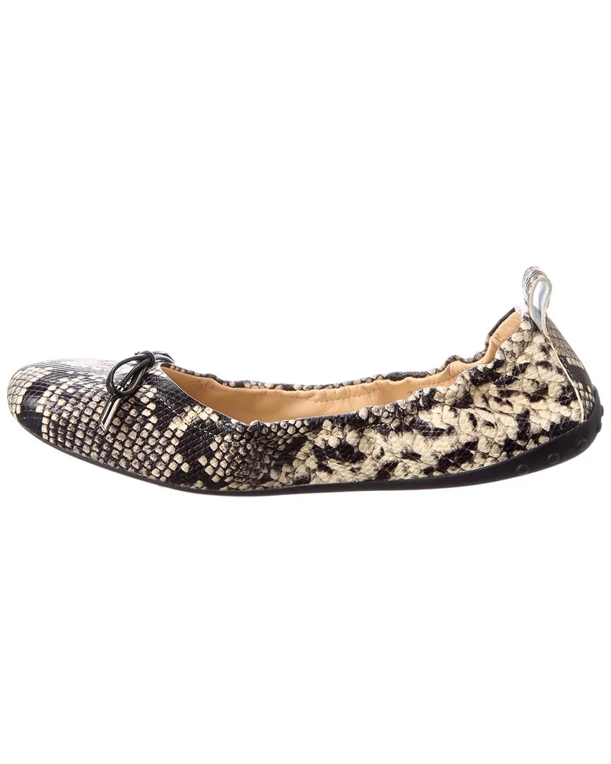 TODs Snake-Embossed Leather Ballerina Flat